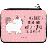Mr. & Mrs. Panda Mäppchen Einhorn Stolzieren - Rot Pastell - Geschenk, Unicorn, Schlampermäppchen, Reiten, Federtasche, Stiftemappe, Freundin, Federmappe, Pferd, Stolz