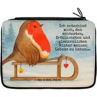 Mr. & Mrs. Panda Bleistiftetui Rotkehlchen Schlitten Design - Weiß - Geschenk, Weihnachten, Schlampermäppchen, Etui, Vogel, Federtasche, Federmäppchen, Mäppchen
