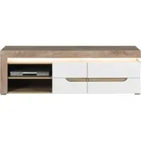 Furniture24 Lowoard Irma IM1 Tv Schrank Unterschrank Fernsheschrank mit Tür und Led beleuchtug Eiche/Weiß Hochglanz