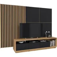 Furniture24 Wohnwand CELINE 10 Lowboard mit Wandpaneel Lamellenwand 4-teilig 251cm Schrankwand Fernsehschrank