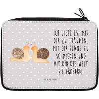 Mr. & Mrs. Panda Etui Schnecken Liebe - Grau Pastell - Geschenk, Bleistiftetui, Ehe, Federmappe, Freundin, Paar, Federmäppchen, Schreibmappe, Zukunft, glücklich