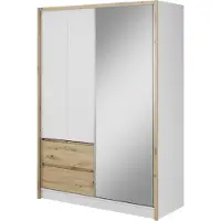 Furniture24 Kleiderschrank SARA 150 cm Schrank 2 Drehtüren 1 Schiebetür Weiß/Artisan Eiche
