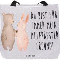 Mr. & Mrs. Panda Tote Bag Bär und Hase Umarmen - Grau Pastell - Geschenk, Schultasche, Tasche, Strandtasche, BFF, Laptoptasche, Freunde, Reisetasche, für Immer, Freundin