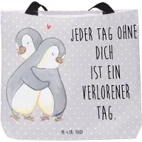 Mr. & Mrs. Panda Einkaufstasche Pinguine Kuscheln - Grau Pastell - Geschenk, Freundin, für Frauen, Tasche, Hochzeitstag, Unitasche, Partner, Valentinstag, Jahrestag
