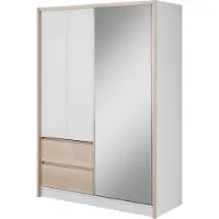 Furniture24 Kleiderschrank SARA 150 cm Schrank 2 Drehtüren 1 Schiebetür Weiß/Sonoma Eiche