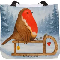 Mr. & Mrs. Panda Einkaufstasche Rotkehlchen Schlitten Design - Weiß - Geschenk, Tote Bag, Weihnachten, Reisetasche, Tasche, City-Shopper, Tragetasche, Vogel, Strandtasche