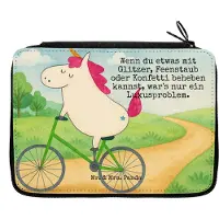 Mr. & Mrs. Panda Federtasche Einhorn Radfahrer Design - Weiß - Geschenk, Bleistiftetui, Etui, Bike, Radfahren, Unicorn, Federmäppchen, Schreibmappe, Einhörner, Federmappe