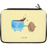Mr. & Mrs. Panda Federtasche Kaffee Bohne - Gelb Pastell - Geschenk, Etui, Zufriedenheit, Glück, Genuss, Lustige Sprüche, Schlampermäppchen, Federmäppchen, Mäppchen