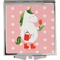 Mr. & Mrs. Panda Klappspiegel Einhorn Gärtner - Rot Pastell - Geschenk, Taschenspiegel, Luftballon, Schminkspiegel, Kosmetikspiegel, Blume, Einhörner, Handspiegel, klein