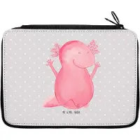 Mr. & Mrs. Panda Mäppchen Axolotl Hurra - Grau Pastell - Geschenk, Motivation, Spaß, Etui, Federtasche, Freude, Bleistiftetui, Schlamper, Fröhlich, Schreibmappe