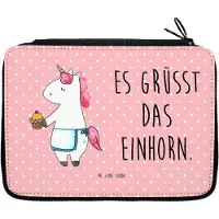 Mr. & Mrs. Panda Federtasche Einhorn Muffin - Rot Pastell - Geschenk, Mäppchen, Geburtstagsgrüße, Federmappe, Unicorn, Backen, Kekse, Bleistiftetui, Federmäppchen, Etui
