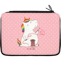 Mr. & Mrs. Panda Etui Einhorn Näherin - Rot Pastell - Geschenk, Federmäppchen, Einhörner, Unicorn, Häkeln, Bleistiftetui, Nähen, Mäppchen, Schreibmappe, Federmappe