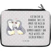 Mr. & Mrs. Panda Bleistiftetui Pinguine trösten - Grau Pastell - Geschenk, Federmappe, Freundin, Jahrestag, Etui für Stifte, Mitbringsel, Valentinstag, Schreibmappe