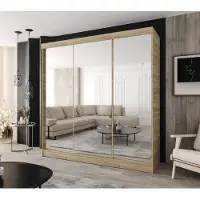 Caspian24 Moderner 3-türiger Schwebetürenschrank 170 × 205 cm – Eiche Sonoma mit 3 Spiegeln und 2 Schubladen für Schlafzimmer & Flur