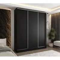 Caspian24 Moderner 3-türiger Schwebetürenschrank Schwarz 200x58x250 cm – mit 2 Schubladen – Kleiderschrank für Flur, Schlafzimmer oder Ankleidezimmer