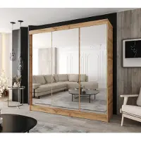 Caspian24 Moderner 3-türiger Schwebetürenschrank 220 x 205 cm – Wotan Eiche mit 3 Spiegeln und 2 Schubladen für Schlafzimmer & Flur