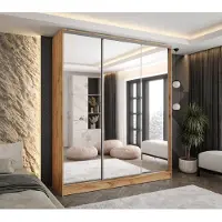 Caspian24 Moderner 3-türiger Schwebetürenschrank Eiche Wotan 160x58x250 cm – mit 3 Spiegeln – Kleiderschrank für Flur, Schlafzimmer