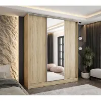 Caspian24 Moderner 3-türiger Schwebetürenschrank Eiche Sonoma 160x58x250 cm – mit Spiegel – Kleiderschrank für Flur, Schlafzimmer oder Ankleidezimmer