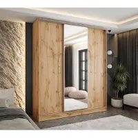 Caspian24 Moderner 3-türiger Schwebetürenschrank Eiche Wotan 220x58x250 cm – mit Spiegel – Kleiderschrank für Flur, Schlafzimmer