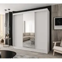 Caspian24 Schwebetürenschrank 3-türig 240x205 cm weiß mit 1 Spiegel und 4 Schubladen – Moderner Kleiderschrank für Schlafzimmer und Flur