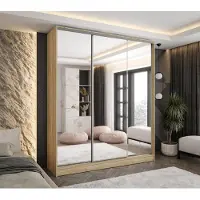 Caspian24 Moderner 3-türiger Schwebetürenschrank Eiche Sonoma 200x58x250 cm – mit 3 Spiegeln – mit 4 Schubladen – Kleiderschrank für Flur, Schlafzimmer