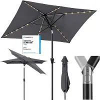 Sekey Sonnenschirm 210x140 cm mit LED-Solar-Beleuchtung, UV50+ Schutz, neigbar, Aluminium, mit Kurbel, Grau