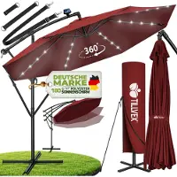Tillvex Alu Ampelschirm Rot LED Solar Ø 300 cm mit Kurbel | Sonnenschirm mit An-/Ausschalter | Gartenschirm UV-Schutz Aluminium | Kurbelschirm mit Ständer Marktschirm wasserdicht