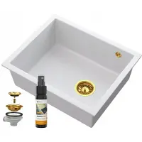 Granitan - Granitspüle - Spülbecken 56x46 cm - Weiß - mit Siphon Gold - Unterbau - SALIX