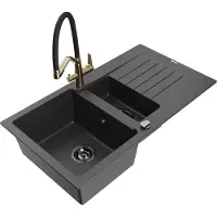 Mexen Matias 1,5-Becken-Granitspüle mit Abtropffläche und Mischbatterie Duo, Schwarz gesprenkelt - 6502-76-671701-57-B