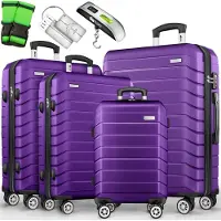Tillvex Reisekoffer Set 4-TLG. + Gepäckwaage, 8X Koffergurte & 4X Kofferanhänger | Kofferset 4 Rollen | Trolley Gepäck Koffer TSA Schloss | Rollkoffer Hartschalenkofferset S-M-L-XL (Lila)