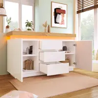 OKWISH Kommode Sideboard mit viel Stauraum, Schrank mit 2 Türen und 3 Schubladen und LED Beleuchtung(App-Steuerung), Schubladenschrank Anrichte für Wohnzimmer, 81 x 140 x 39 cm, Weiß