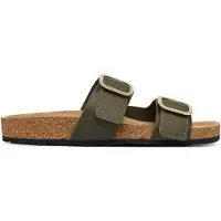 Tommy Hilfiger Leather Double Strap Cork Sandals, Sandalen, Weiblich, Erwachsener, Olive, Platinum olive, Schnallenverschluss