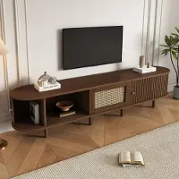 MODFU TV-Schrank Sideboard mit Rattan-Design,TV-Ständer Lowboard mit verstellbare Füße,Stauraum,für Wohnzimmer,Aufbewahrungsmöbel, Dunkle Walnuss