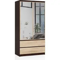 Akord Kleiderschrank S90 mit Spiegel Wenge 90 cm 2 Türen 2 Schubladen 4 Ebenen Front Sonoma-Eiche B90 x H180 x T51 cm