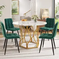 Novavision 5-teiliges Esstisch-Set rund 100 cm, Weiß/Gold, 4 Samtstühle in Grün