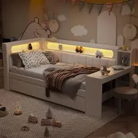 Youjia Gepolstertes 90x200 Tagesbett mit USB-Anschlüssen und LED-Gürtel, mit Ausziehbett und Schreibtisch, Weiß