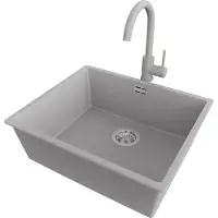 PrimaGran Unterbauspüle Granit Grau 56x47cm, Spülbecken 1 Becken + Küchenarmatur 32x20cm + Ablauf-Set, Granitspüle ab 60er Unterschrank - London