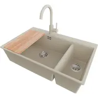 PrimaGran Granitspüle Beige 78x50cm, Spülbecken 2 Becken + Küchenarmatur 32x20cm + Ablauf-Set + Schneidebrett, Küchenspüle ab 80er Unterschrank - Oslo Duo