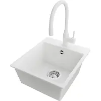 PrimaGran Granitspüle Weiß 38x44cm, Spülbecken 1 Becken + Küchenarmatur 38x14cm + Ablauf-Set, Küchenspüle ab 40er Unterschrank - Riga Easy
