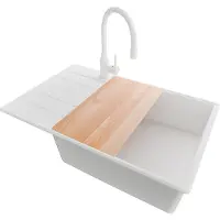 PrimaGran Granitspüle Alles Weiß 78x50cm, Spülbecken 1 Becken + Ablauf-Set + Küchenzubehörset, Küchenspüle ab 60er Unterschrank - Kopenhagen