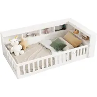 SOFTWEARY Kinderbett mit Lattenrost und Zaun, 90x200 cm, Rausfallschutz, Stauraum, Mehrfachsteckdose, Einzelbett, Kiefer