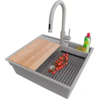 PrimaGran Granitspüle Grau 58x53cm, Spülbecken 1 Becken + Küchenarmatur 40x20cm + Ablauf-Set + Küchenzubehörset, Küchenspüle ab 60er Unterschrank - Oslo Pocket