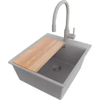 PrimaGran Granitspüle Grau 43x50cm, Spülbecken 1 Becken + Küchenarmatur 38x14cm + Ablauf-Set + Schneidebrett, Küchenspüle ab 45er Unterschrank - Oslo