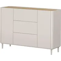 Lomadox Wohnzimmer Kommode mit 150 cm Breite in Beige mit Eiche, 2 Türen & 3 Schubladen, mit Holzfüßen - ELOY-141