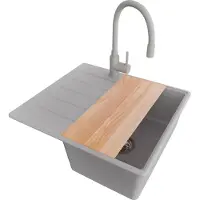 PrimaGran Granitspüle Grau 55x50cm, Spülbecken 1 Becken + Küchenarmatur 38x14cm + Ablauf-Set + Schneidebrett, Küchenspüle ab 40er Unterschrank - Kopenhagen