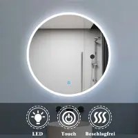 Aica Sanitär GmbH Rund Badspiegel mit Beleuchtung 90cm Badezimmerspiegel Kaltweiß Wandspiegel mit Touch-schalter Beschlagfrei IP44