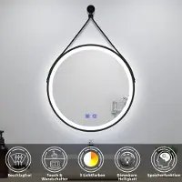 Aica Sanitär GmbH AICA Rund Badspiegel 70cm LED Wandspiegel mit Touch/Wandschalter Beschlagfrei 3 Lichtfarbe+Dimmbar Badezimmerspiegel mit Ledergürtel IP44