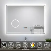 Aica Sanitär GmbH AICA LED Badspiegel 100x60cm mit Beschlagfrei Uhr Badezimmerspiegel 3 Lichtfarbe 3x Vergrößernder Kosmetikspiegel Dimmbar Memory-Funktion IP44