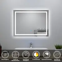 Aica Sanitär GmbH AICA LED Badspiegel 100x70cm Palmer-Serie 3 Lichtfarbe 3000K-6000K Dimmbar Wandspiegel mit Touch/Wandschalter Beschlagfrei Auto-Abschaltung IP44