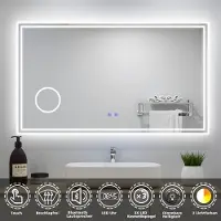Aica Sanitär GmbH AICA LED Badspiegel 140x80cm mit Uhr Bluetooth Beschlagfrei 3-Fach Vergrößerung Schminkspiegel Badezimmerspiegel 3 Lichtfarbe 3000K/4500K/6000K IP44